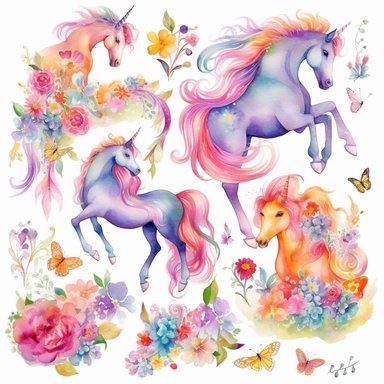 Design a captivating collection of watercolor clipart elements showcasing fairytale ponies in a whimsical and illustrative style. Paint each pony separately, featuring vibrant and imaginative designs, such as a pony with a rainbow-colored mane and tail, a pony adorned with intricate floral patterns, a pony with wings inspired by butterfly wings, and a pony with a starry night sky coat. Utilize a vibrant color palette, incorporating bold and contrasting colors to enhance the magical and fantastic