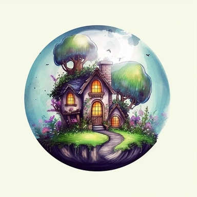 watercolor fairy house globe, illustration clipart, detailed, black outline, white background, digital art