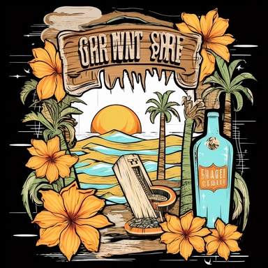 Retro Western Clipart,Coconut trees, flowers, waves, surfboards, sunWestern Boho