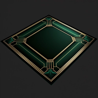 isolated, deep emerald art deco rug with gold edging Clipart laying on the floor, on black background