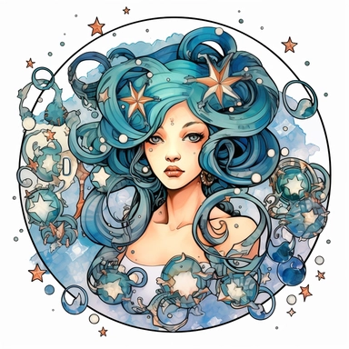 Cancer ♋ (June 21 - July 22) ,zodiac sign, stars, whimsical watercolor and fineliner ink,conveying a fancy and mysterious mood,J Scott campbell artis comic style, white background, intricated details, transparent background, contour, clipart,vector