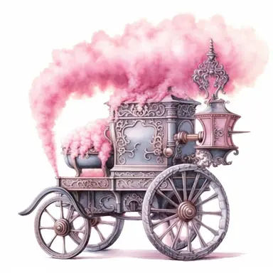 pink watercolor steampunk cotton candy cart, clipart, metallic, gears, iron pink gray black, 32k. highly detailed