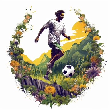 white background, football player with ball on foot, closeup, sticker, artwork of t shirt graphic of majestic forest, in digital painting style , beautiful flowers, sunset mountains and clouds , big vines, stone temple covered in vines , plants surround, highly detailed clean, vector image, photorealistic masterpiece, professional photography, realistic, flat white background, isometric, vibrant vector, clipart, illustration, realism, 4k, , cinematic, front view, paradise, extremely white backgr