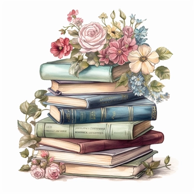 Design a vintage nature and floral style stack of books clipart on a pure white background. Infuse the image with a plethora of flowers and floral elements, such as vines, petals, and leaves. Use a soft color palette consisting of pastel pinks, blues, and greens to create a charming and delicate image. Consider adding small details such as birds or butterflies to add a touch of whimsy and movement to the image. Utilize soft and diffused lighting to create a warm and inviting atmosphere. The book