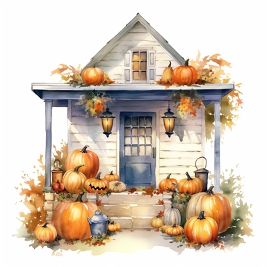 Watercolor style, halloween porch decorated with halloween pumpkins and other decorations, clipart, isolated on white background, detail, high quality, high resolution