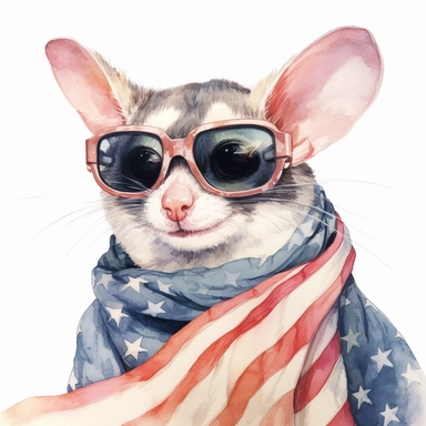 closeups shot, low angle, watercolor style, Sugar glider is sitting, wears American flag scarf and sunglasses, hyper-realistic animal illustrations, 2d game art, quadratura, clipart, on white background,