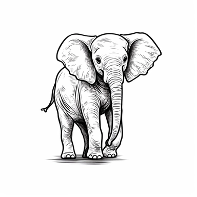 black handdrawn simple illustration of a baby elephant on a white background, side view of elephant with trunk in the air , no shading, svg clipart, line art