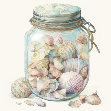 watercolor clipart of beautiful pastel shells within a big round jar wrapped with rustic cord ornament, vintage style