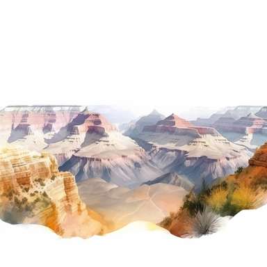 panoramic view, full view, illustration clipart, soft watercolor, beautiful grand canyon landscape, sharp focus, high detail, romantic, fantasy, ethereal, transparent background