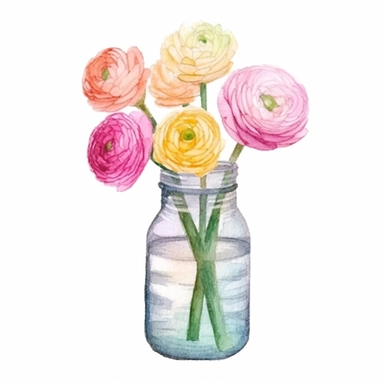 Design a dreamy watercolor clipart of japanese-inspired A mix of vibrant ranunculus flowers in a twine-tied marson jar composition, hand-painted with soft and graceful brushstrokes. Draw inspiration from the artistic finesse of Ethereal Petals Watercolors for a refined and ethereal depiction. isolated on a white background, hand-drawn illustration, hand-painted watercolor texture, 16k UHD resolution, intricately detailed, sharp focal points, designed by Ana Victoria Calderon and Holly Exley, i c