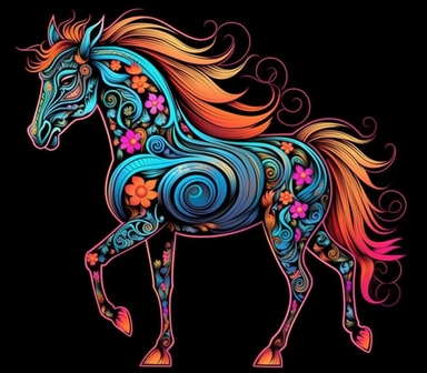 6 tattoo art style adorable unicorn, black defined outlines, high details, clipart, hd, isolated on black background, spaced out, vibrant rainbow colors