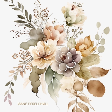 watercolor floral CLIPART flower arrangement, NEUTRAL COLORS, AUTUMN COLOR PALLETT, clipart, MUTED COLORS, no background, blank space for writing, CLEAN OUTLINE, delicate and elegant, dreamy airy color, classic style, airy watery colors, with elements of