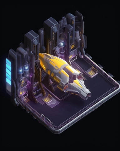 isometric perspective, game sprite, futuristic small spaceship hanger concept, gaming asset, sci-fi, fun, creative, cartoon, clipart, hyper-detailed, black background,