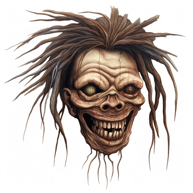 a voodoo shrunken head with mouth and eyes stitched shut, calm expression, dark shrivelled skin, pastel, photorealistic, hyper realistic, ultra high-detail, dark outlines, white background, clipart,