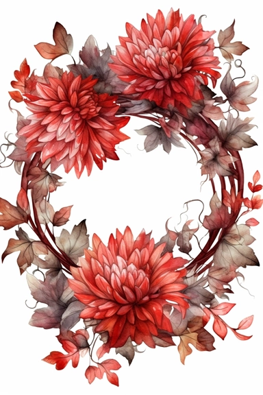Halloween clipart, red chrysanthemum flower Delicate watercolor illustration, White background, Cozy, clear picture, 8k, hd, isolatee on a white background, Wreath, Frame Clip Art
