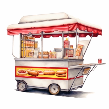 hyper-realistic high-detailed watercolor clipart of a mobile hot dog stand on a white background. The stand should have a sleek and compact design, reminiscent of the iconic New York street style. Depict a streamlined cart with a simple color palette, such as silver or gray, with pops of red and yellow accents. Ensure the clipart includes essential elements such as the serving window, grill, condiment area, and a small seating counter if desired. Emphasize the presence of the grill, showing it a