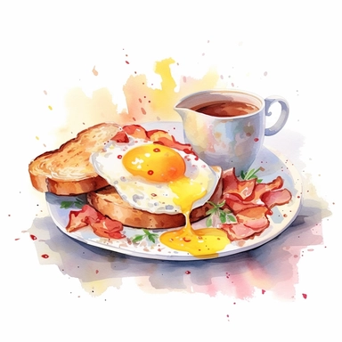 Scrambled eggs, bacon, toast and a cup of coffee, Watercolor, cottagecore, pastels, clipart, beautiful, colourfull, png transparent white background, high resolution, no caption q4 s2
