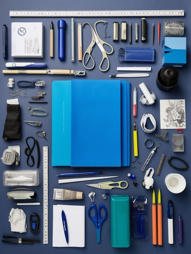 knolling photography of stationery, knolling, a big blue notebook in the center, Pencil, pen, eraser, penknife, notebook, mouse, book, water glass, calculator, student ID, alarm clock, markers, watercolors, crayonsScissors, utility knives, post-it notes, paper towels, paper clips, staplers