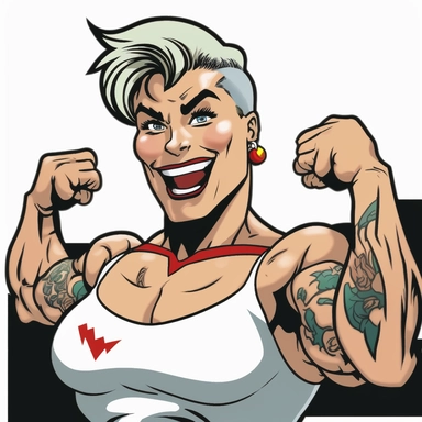 Queer white very muscular power girl smiling soccer champion,short hair and lipstick portrait cartoon character ,tattoos,white cut out background clipart,Ernie Barnes rendering,2D,,--no shadows