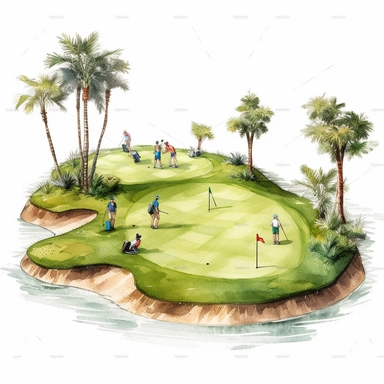 Idyllic watercolor clipart of a perfectly striped putting green scene with golfers in Springtime, isolated on a pure white background, insane detail,