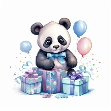 happy baby panda birthday illustration clipart, detailed, outline, white background, 4k, digital art