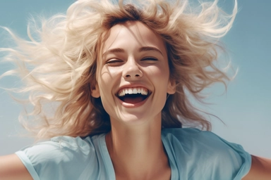 png free clipart images of a smiling woman with blonde hair, in the style of spontaneous gesture, 32k uhd, light blue and brown, advertising-inspired, close-up shots, matte photo, low resolution