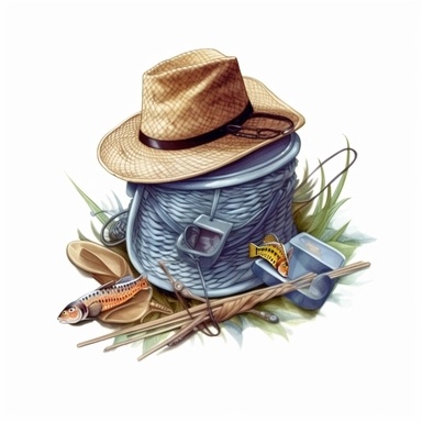 fishing basket And Hat Sublimation Clipart,Cartoon,hyper realistic, intricate detail, illustration style,high solution,on the white background