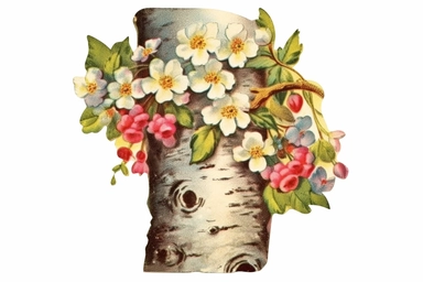 Vintage 1920 detailed Birch Tree Trunk With Flowers Illustration, Chromolithograph, Die Cut, 1920s Illustration, Vintage, Chromolithograph, Colorful, Antique, Ephemera, Clipart, 8k, Isolated on white