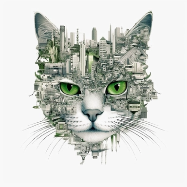 cat, collage quirky cool collage city, Felis catus clipart, Green eyes, white contour, detailed, clean line, hd, on white background, spaced out