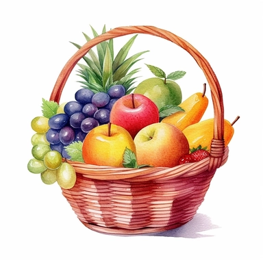 watercolor fruit basket clipart, white background, realistic with high details, beautifully colored with strong palette pastel colors, 32k hd, detailed quality