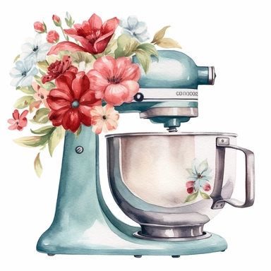 Vintage mixer, vintage, flowers, watercolor, retro, clipart, white background