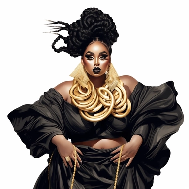 ??????socialite black woman bods, plus size, long massive braids, full glam, fashion icon, dripping gold rush, talented and good vibes, dressy pant and couture frilly flow top, clipart, white background