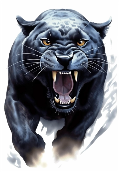 realistic, life like image of a solid black adult panther, with large white fangs showing, watercolor clip art, white background , artist rendition, sharp focus, extreme detail,