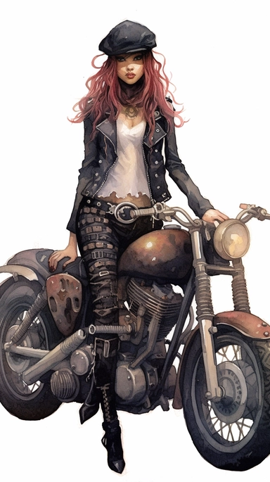watercolor mixed media goth steampunk girl entire body illustration in front of a goth steampunk motorcycle clipart by holly hobbie