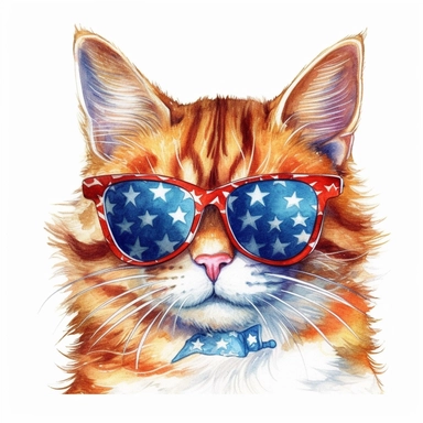 4th of july ginger cat in sunglasses, beautiful, realistic, colored pencil and watercolor, white background, clipart, illustration, comic, magic