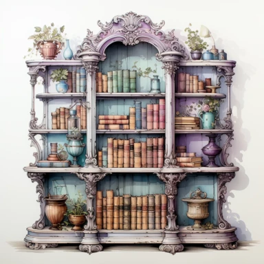 Pastel watercolor Victorian Antique Bookcase A tall bookcase with intricate woodwork showcasing a collection of vintage books with beautifully worn spines accentuated by delicate pastel-hued bookends clipart isolated on white background, Soft sky blue and pale lilac with touches of antique cream pastel color palette, in brush style of Willem Haenraets, clean edges around image, in the style of pastel watercolor illustrations, feminine sensibilities, detailed illustrations, heavy shading, delicat