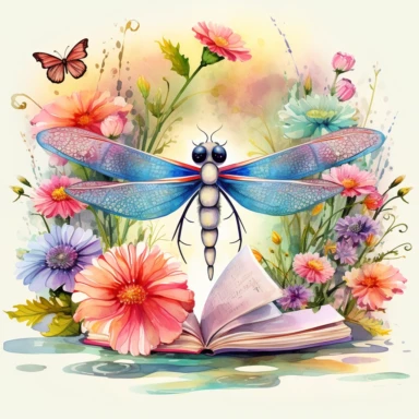 artwork in the style of cicely mary barker, clipart, whimsical watercolour illustration of a cute dragonfly and flowers, very colourful, watercolor clipart, book cover illustration, hyper HD