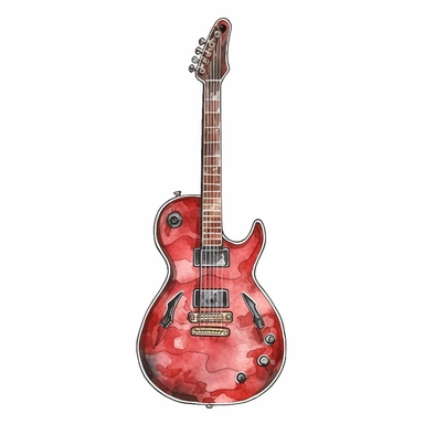 full isolated red guitar with bolded outlines on a white background, bolded outline clipart sticker watercolour style, bolded outline sticker, front view, isolated on a white background