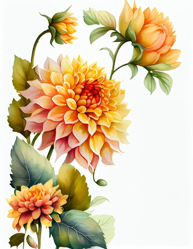 detailed watercolor art of yellow dahlia flower corner border , isolated on white background, realistic, clipart