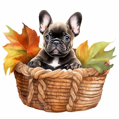 french bulldog puppy in basket with leaves, watercolor illustration, clipart, full body, hyper-realistic animal illustration, childlike, free brushwork, white background