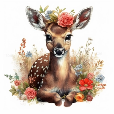 cute sweet baby deer, full body With Flower Wreaths vibrant colors, red mushroom, outline black, highly detailed, oilpainting vintage style clipart white backround