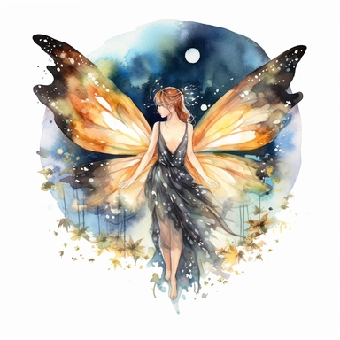 Clipart, watercolor, white background: A forest fairy with wings patterned like butterfly wings, surrounded by glowing fireflies and basking in the glow of moonlight.