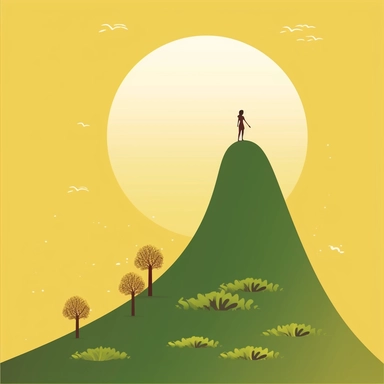 create a basic illustration clipart, super minimalist, very basic colours, with the silhouette of a woman climbing a large and thought mountain, a beautiful small tree at the top of the mountain representing success that the lady is looking for, motivational image, with very basic forms, basic and light yellow, brown and green shades, with very tiny flowers on the road of the small lady is walking towards the top.