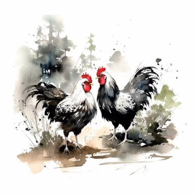happy chickens , white background, clip art, Japanese Ink Painting / Sumi-e style