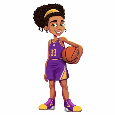 full body 2-dimensional illustration of a hyper-realistic cute and happy biracial woman with a curly pony tail as a basketball player wearing a purple and gold jersey standing straight while holding a basketball in one hand with five fingers against her hip with her other hand on her other hip and looking into the camera, in the style of cartoon, high bun hairstyle, simple hands, sticker, clipart, vector, contour, white background