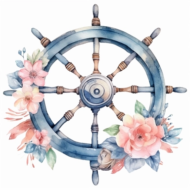 realistic watercolor cute newborn nautical steering wheel with flowers, isolated white background, babyshower clipart, 8k, soft blue tones