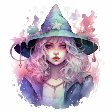witch, clipart, intense white and deep pastel colors, dnd, watercolor, no background, isolated on a white background, self contained, well defined edges, by amy sol and magali villeneuve and susan bourdet and ross tran, spaced out, glowy, intricate, 8k