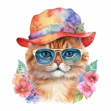clip art , cute cat in a summer hat and sunglasses ,no flowers, watercolor , no background
