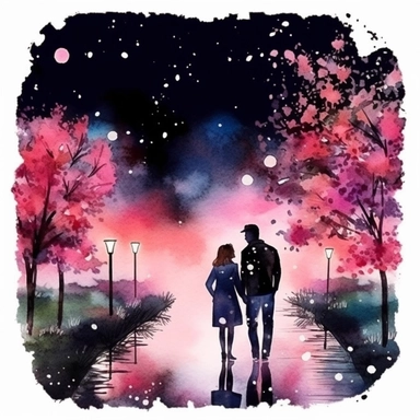 Watercolor, A couple by the river in bloom, night,clipart on black background