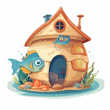 a fish home clipart with white background, kids, ocean, cartoon illustration, few details, beautiful colors, clean